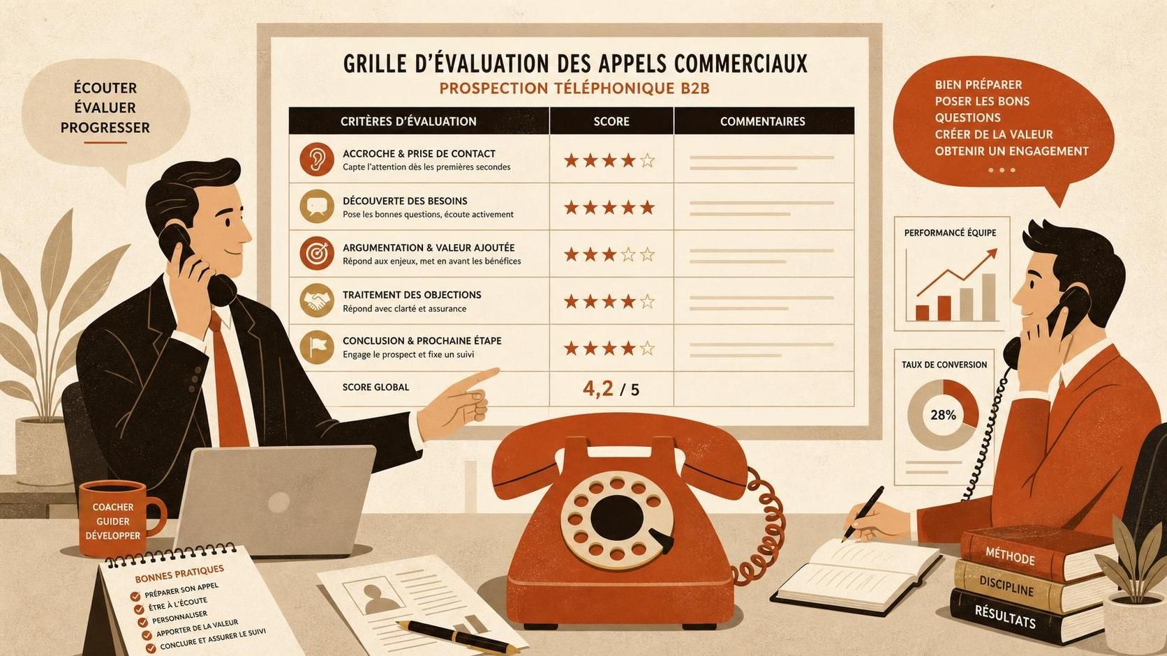 découvrez notre grille d'évaluation des appels commerciaux, incluant un modèle pratique et des bonnes pratiques pour améliorer l'efficacité de votre équipe de vente.