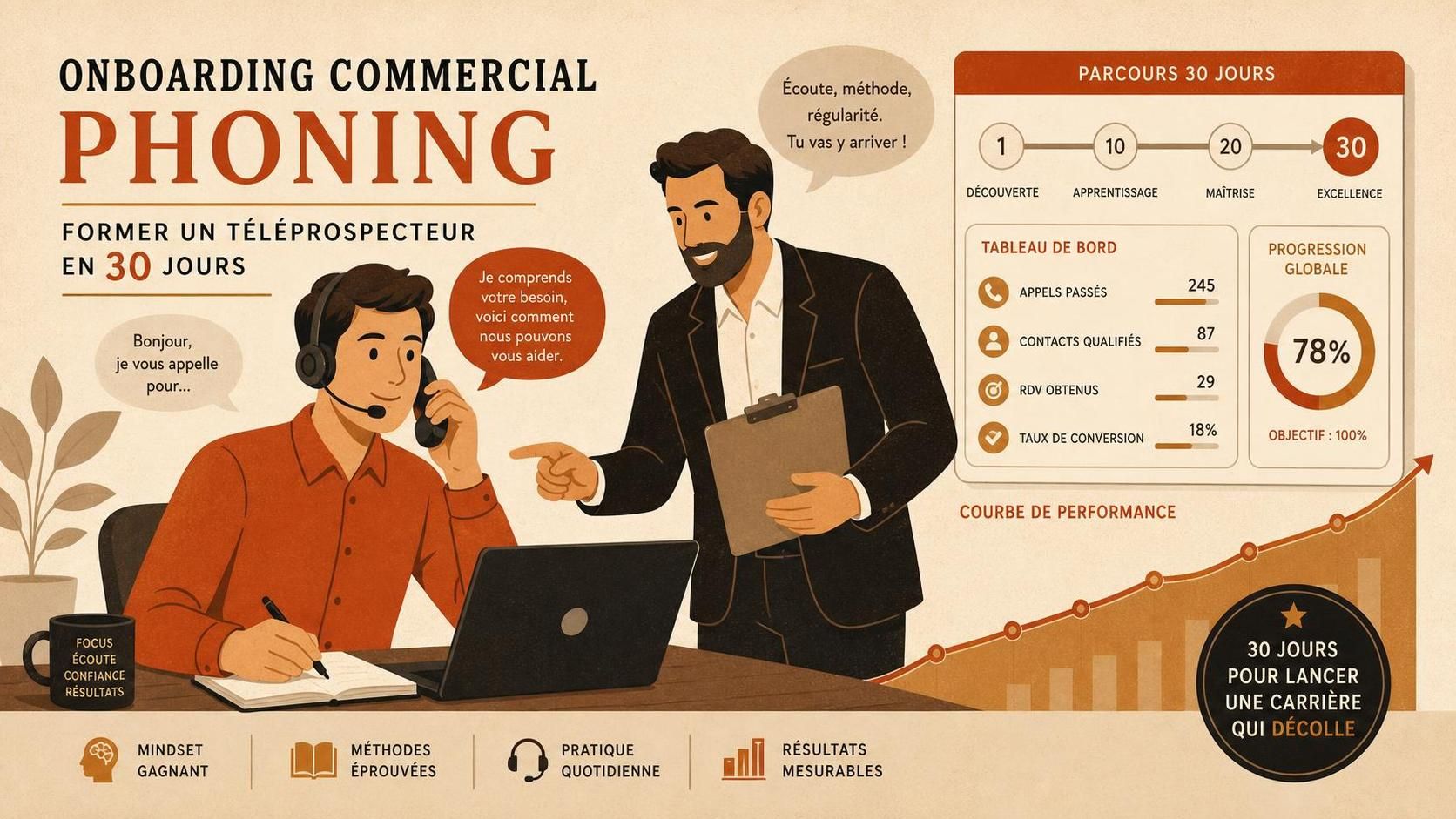 découvrez comment former efficacement un nouveau téléprospecteur en 30 jours grâce à notre programme d'onboarding commercial phoning, alliant techniques de vente et pratique terrain.