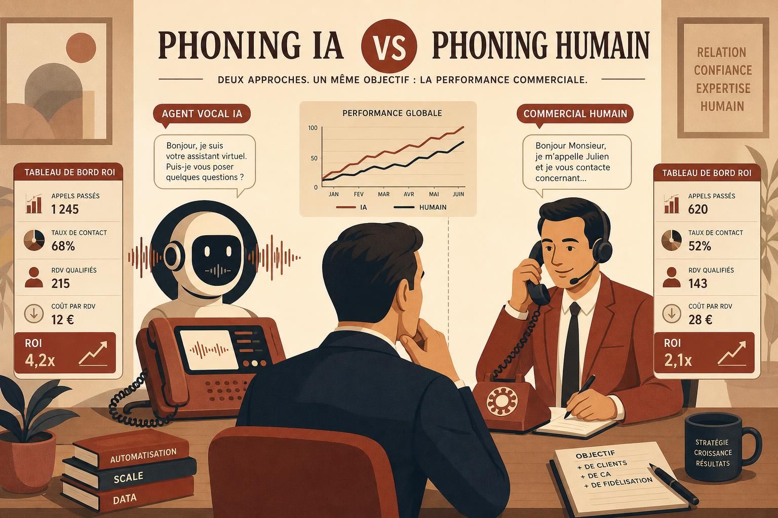 découvrez un comparatif détaillé entre le phoning par ia et le phoning humain en 2026, analysant leur retour sur investissement (roi) et leur efficacité pour optimiser vos stratégies commerciales.