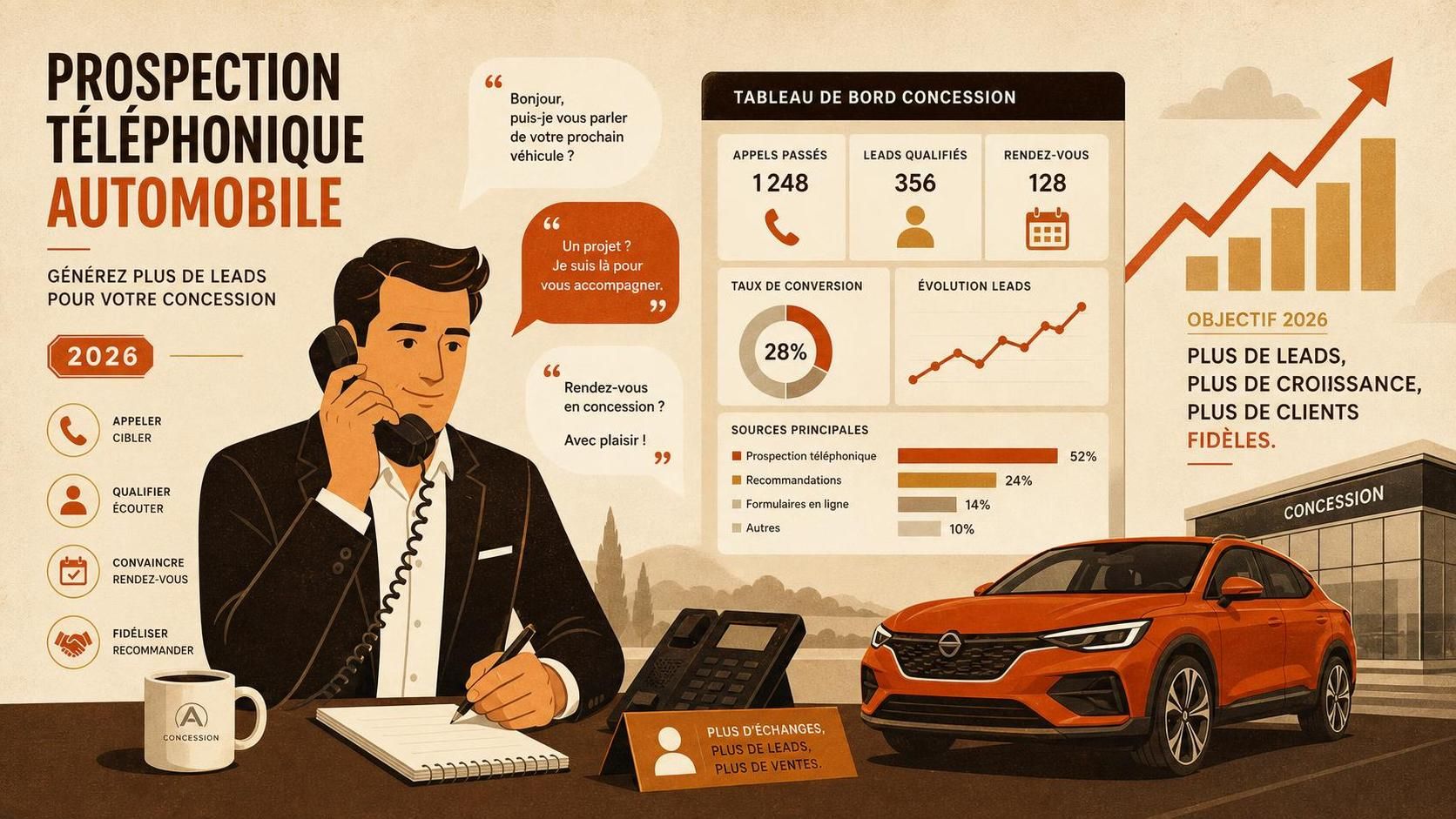 découvrez comment la prospection téléphonique automobile peut générer des leads qualifiés pour les concessionnaires en 2026 et booster vos ventes.