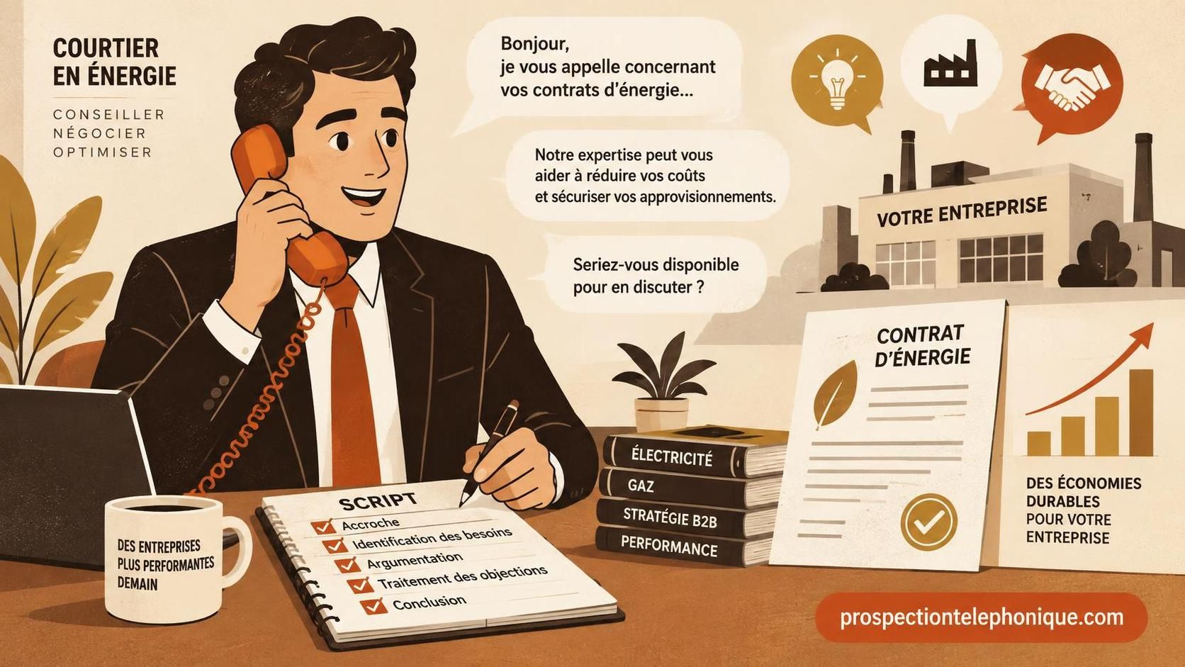découvrez un script de prospection téléphonique pour courtiers en énergie b2b en 2026 : accrochez vos prospects, qualifiez leurs besoins et obtenez plus de rendez-vous.